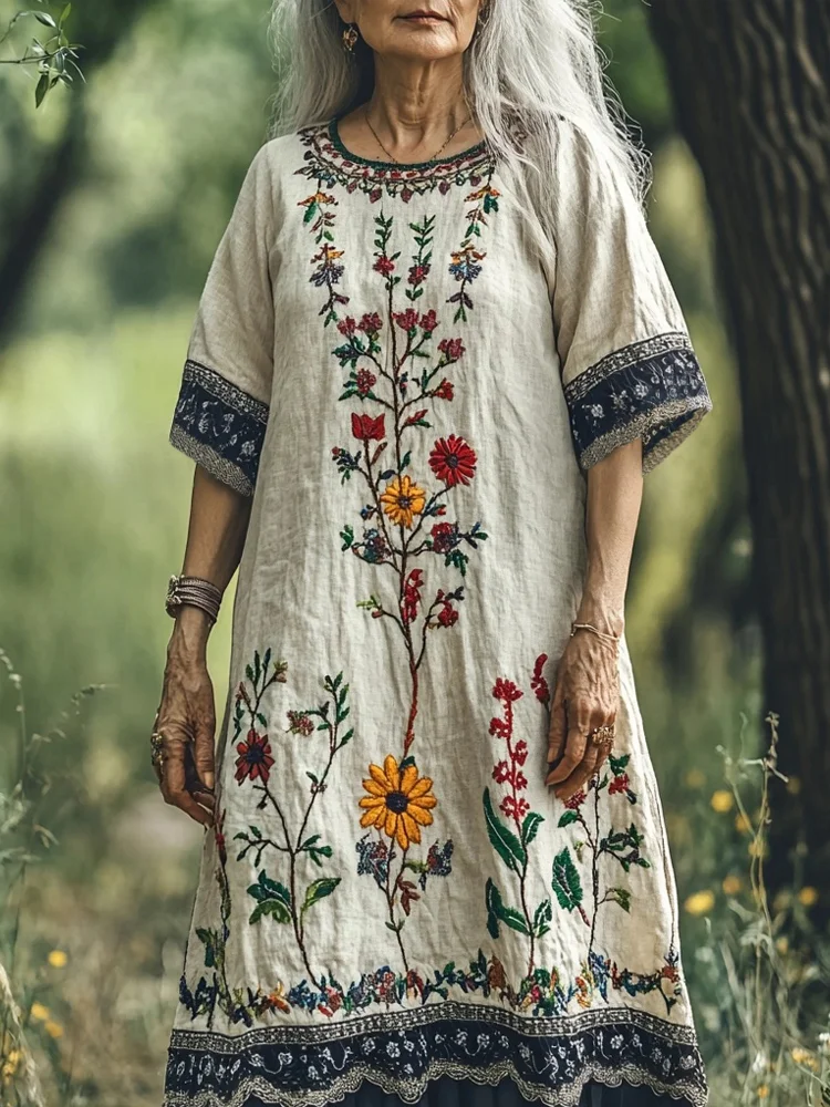 Vintage Floral Embroidery Women's Linen Short Sleeve Maxi Dress
