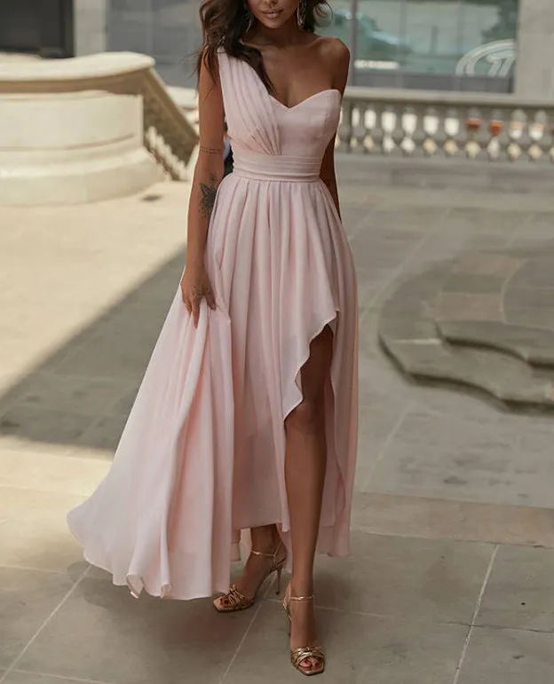 Brownm Solid Color Shoulder Split Long Dresses