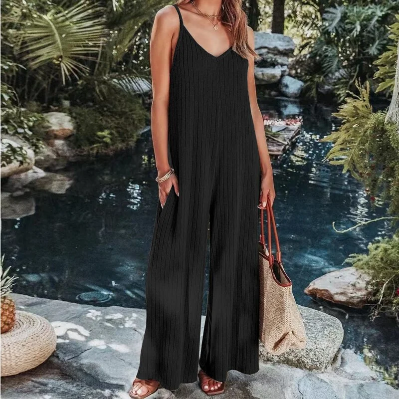 Casual Summer Sleeveless Beach Jumpsuit Elegant Solid Sling V-neck Ribbed Overall Fashion Women Pocket Long One Piece Romper