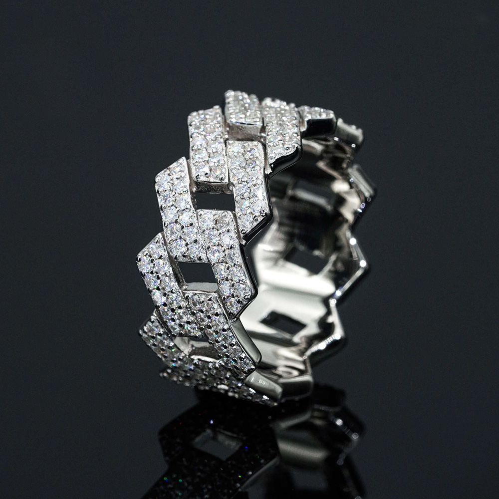 Moissanite 925 Sterling Silver Double-Row  Cuban Chain Rings