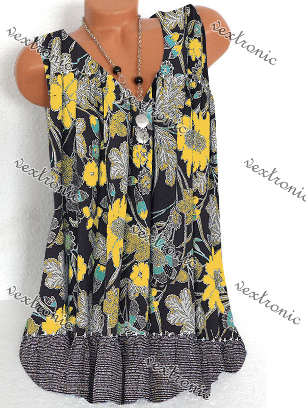 Women's Sleeveless Floral Printed Printed V-neck Tops T-shirt
