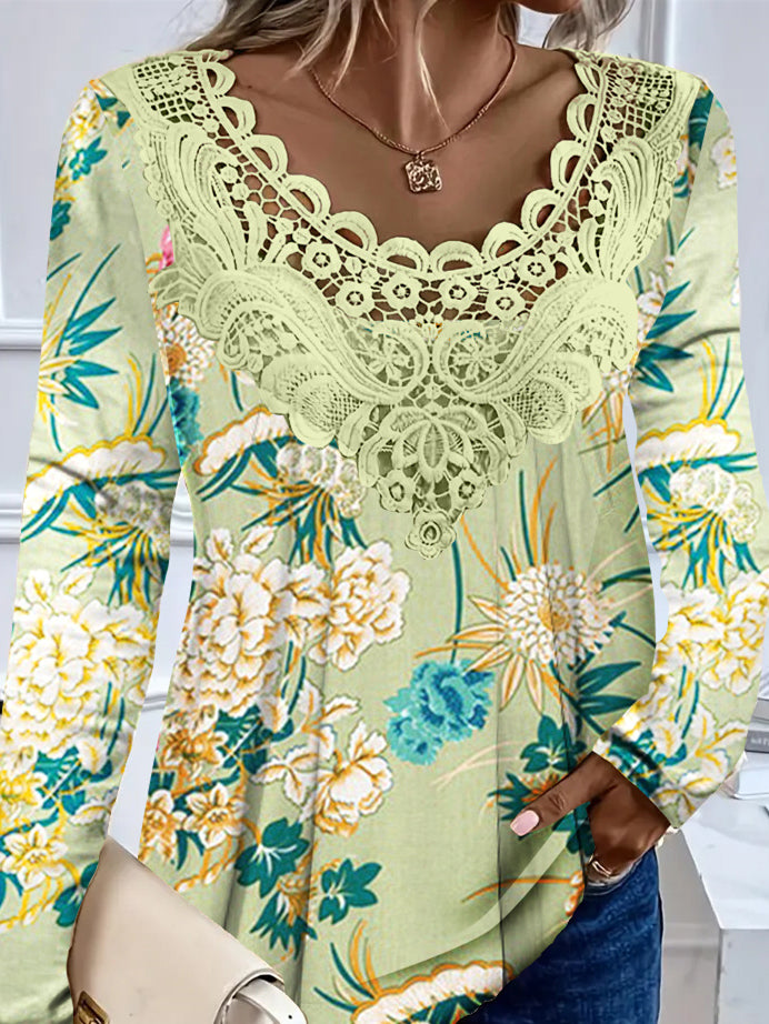 Women's Long Sleeve Scoop Neck Floral Printed Lace Stitching Top
