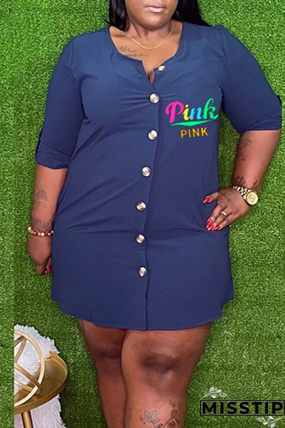 Black Casual Print Patchwork Buckle O Neck Straight Plus Size Dresses