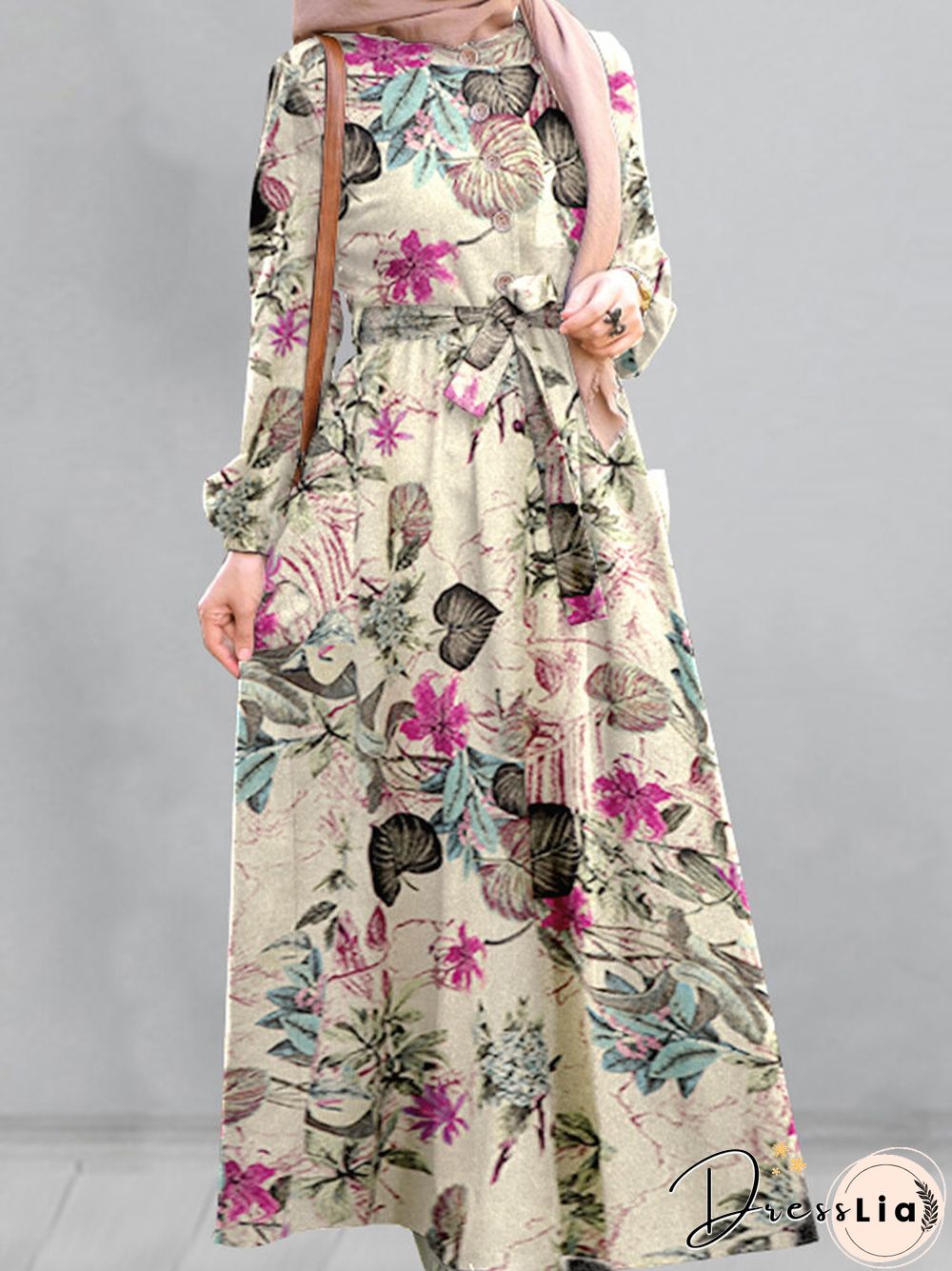 Vintage Flower Puff Sleeves O-neck Maxi Dress With Side Pocket