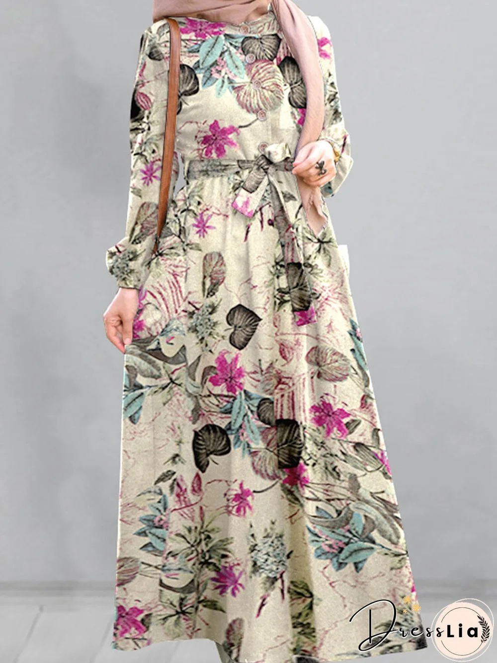 Vintage Flower Puff Sleeves O-neck Maxi Dress With Side Pocket