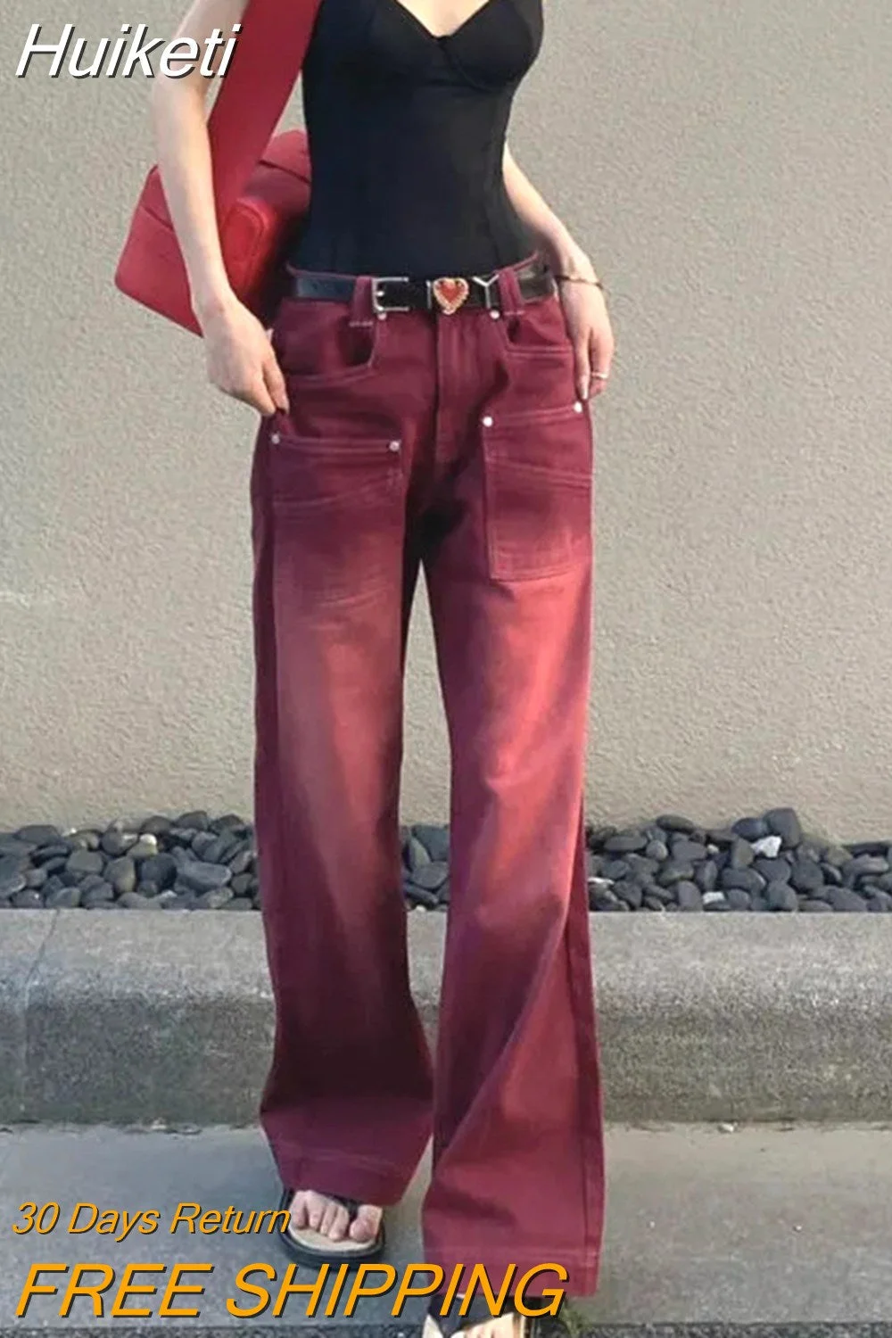 Huiketi Vintage Women Burgundy Jeans High Waist Y2K Designed American Style Streetwear Denim Pants Casual Female 90S Trousers