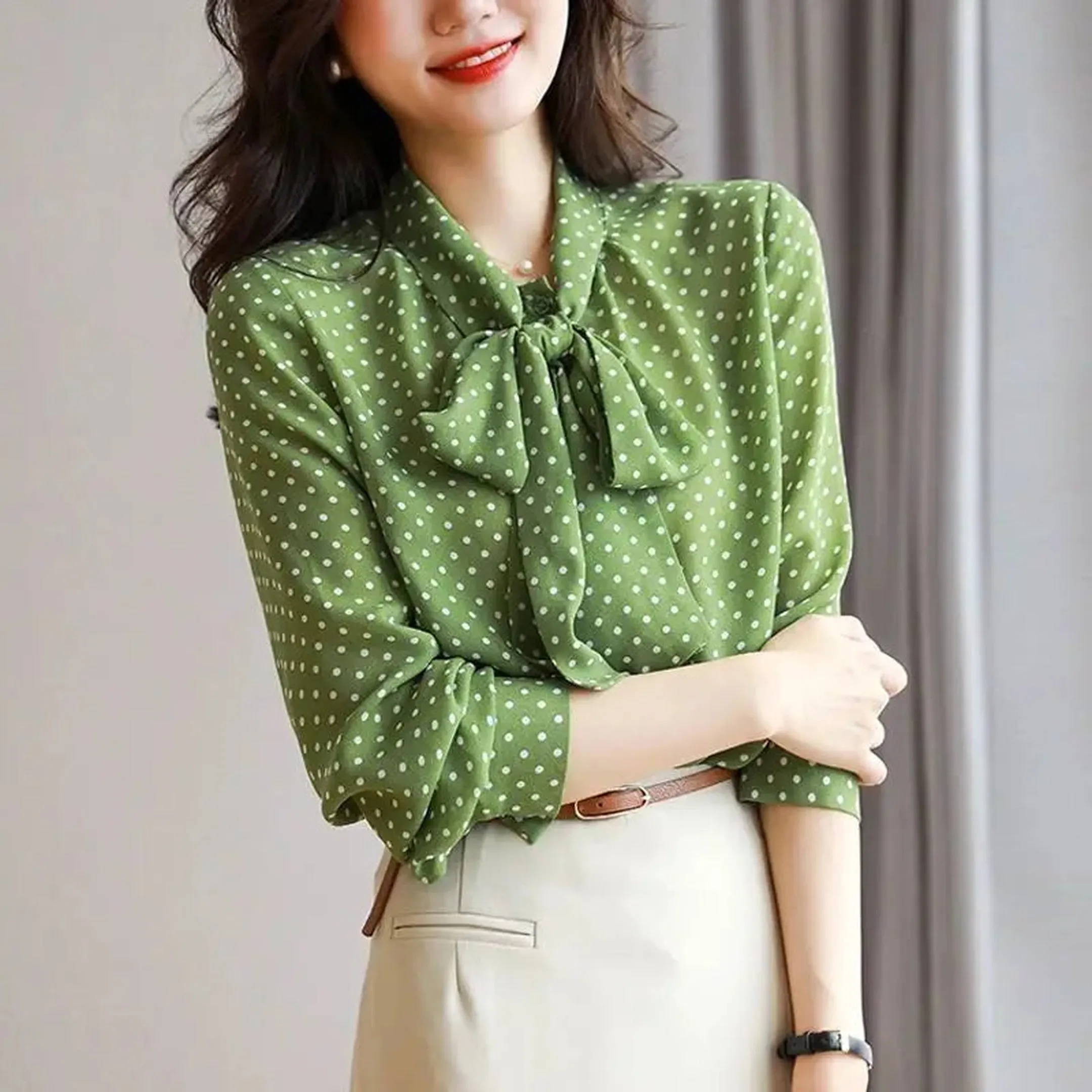 Women's Polka Dot Bow Blouse &ndash; Lightweight Shawl Collar Top