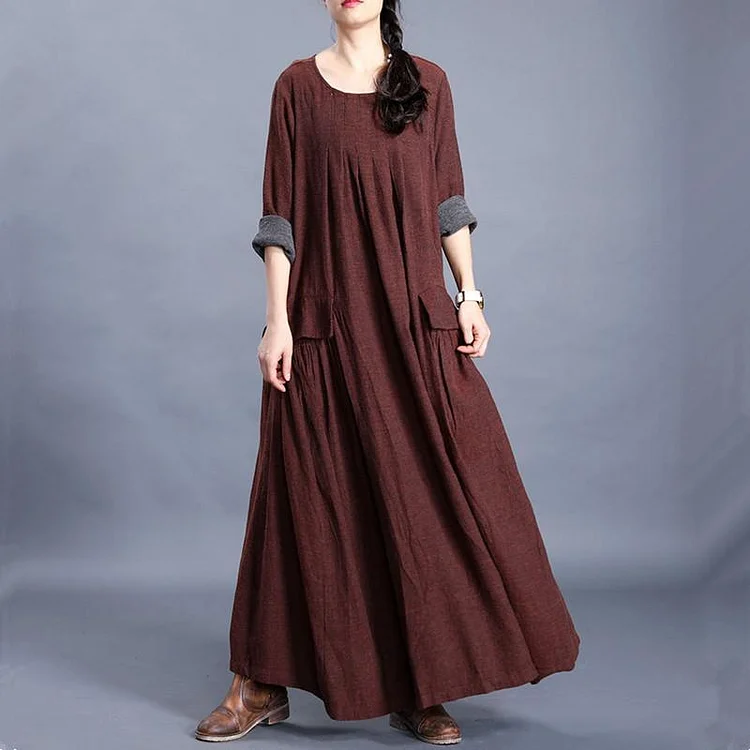 French chocolate linen cotton Long Shirts o neck pockets Maxi spring Dresses