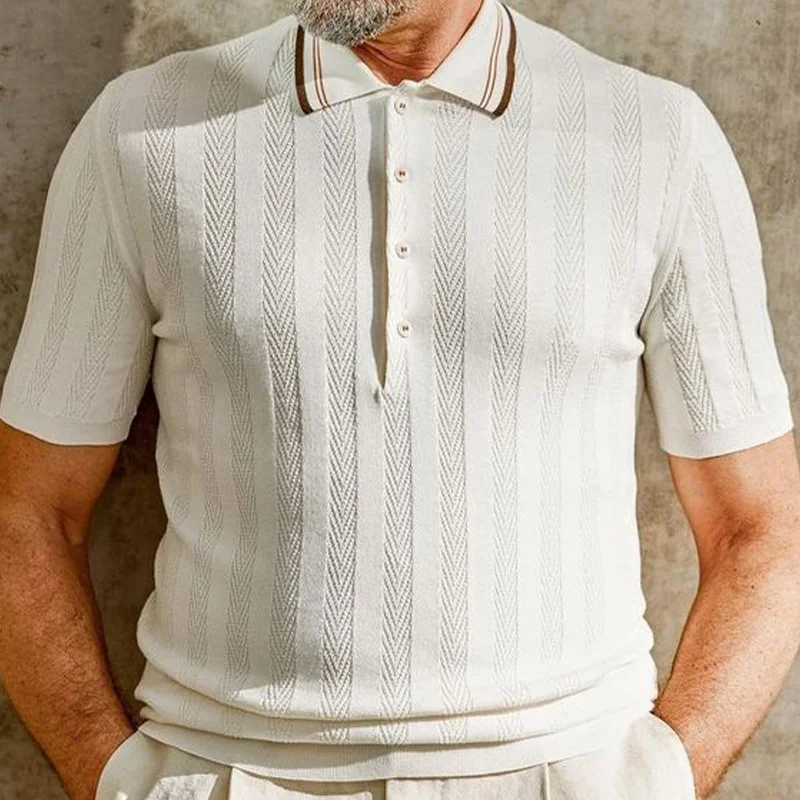 Men's White Colorblock Knitted Slim-Fit Short-Sleeved Polo Shirt