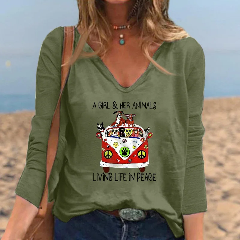 A Girl & Her Animals Living Life In Peace Print V-neck Tee