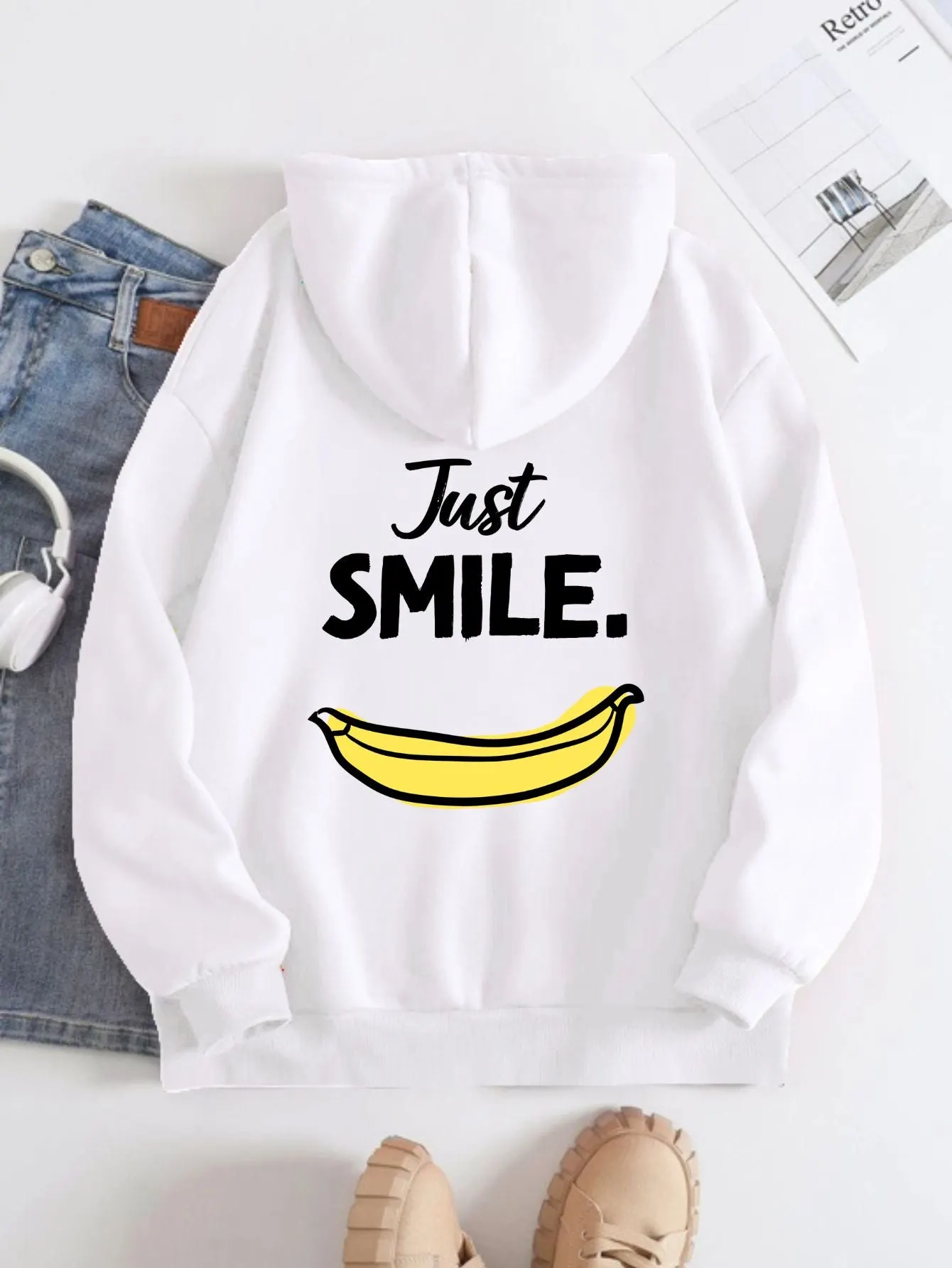 Printed on the Back Kangaroo Pocket Hoodie Long Sleeve for Women Pattern Just Smile