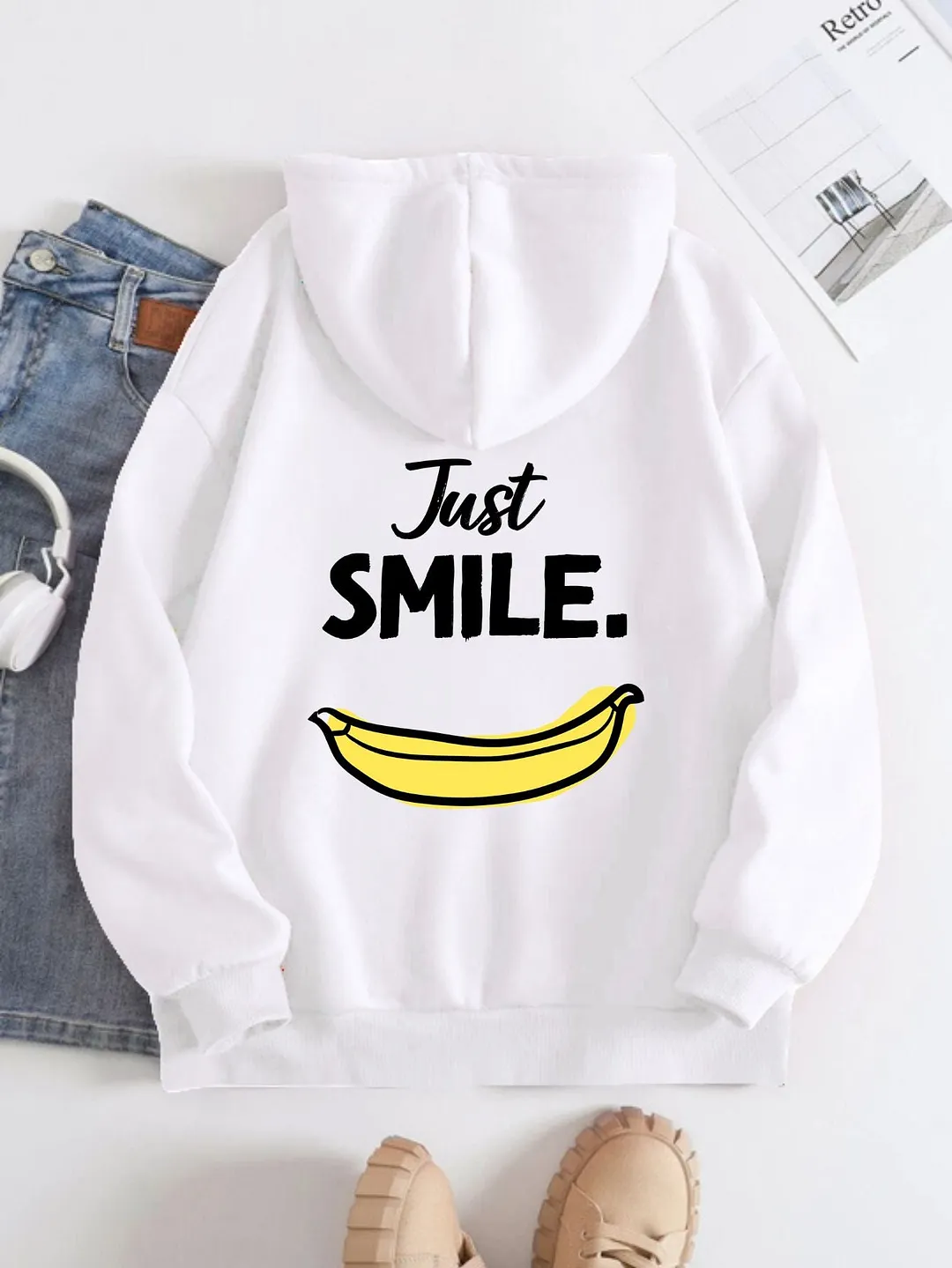 Printed on the Back Kangaroo Pocket Hoodie Long Sleeve for Women Pattern Just Smile