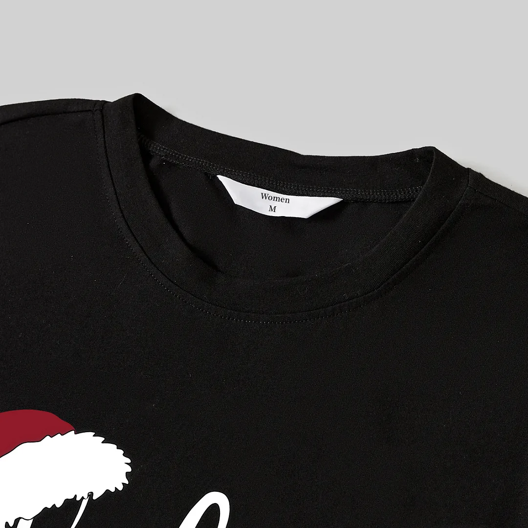 Christmas "Believe" Text Print Black Long Sleeve Top with Red & White & Green Plaid Family Matching Pajamas