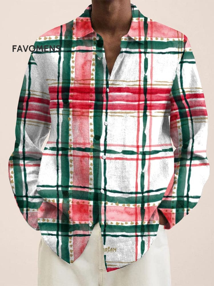 Christmas Stripe Square Grid Print Vintage 100% Cotton Long Sleeve Shirt Multicolor / S