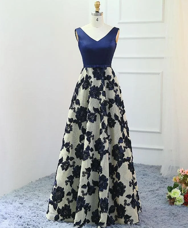 Stylish Dark Blue A-Line V Neck Long Prom Dress, Dark Blue Evening Dress