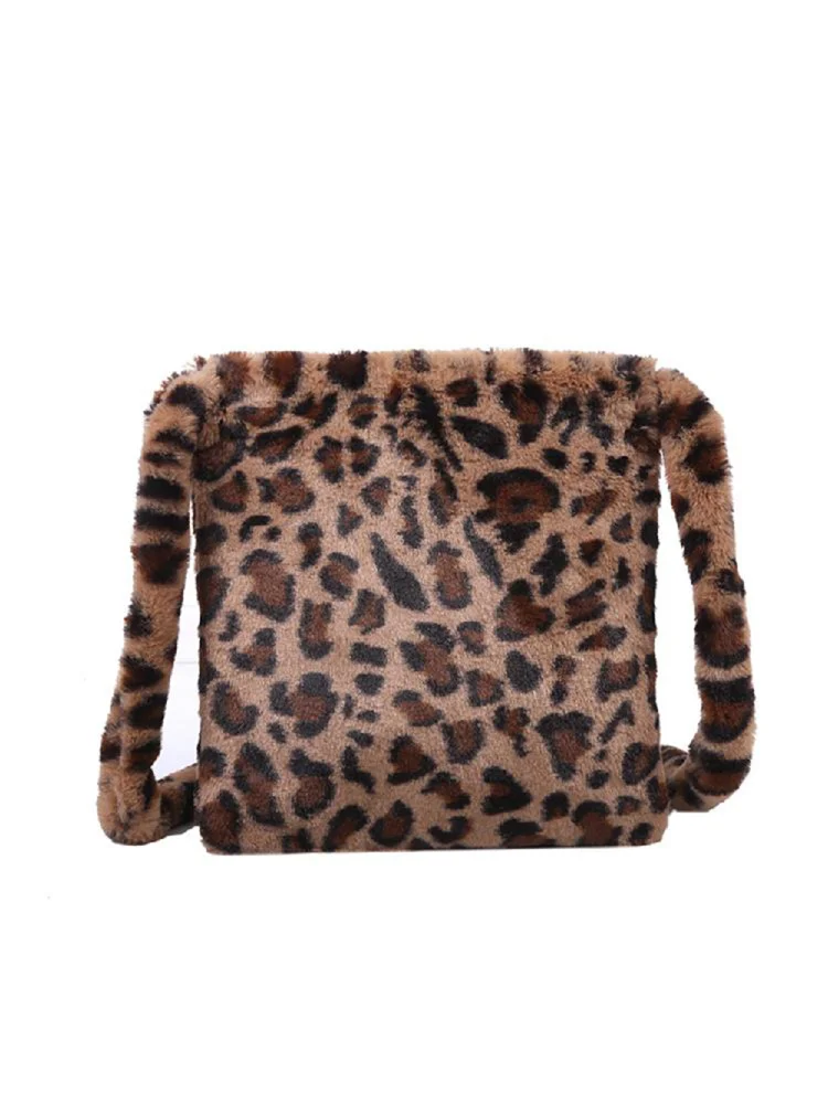 Leopard Crossbody Handbag Women Plush Retro Shoulder Messenger Bag (Brown)