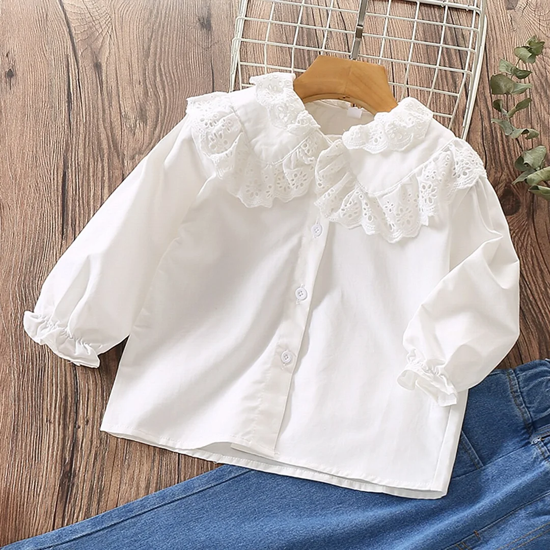 Kids Clothes for Girls White Shirts Baby Girls Blouses Lace Spring Long Sleeve Cotton School Uniform Toddler Tops 2 4 6 8 Years