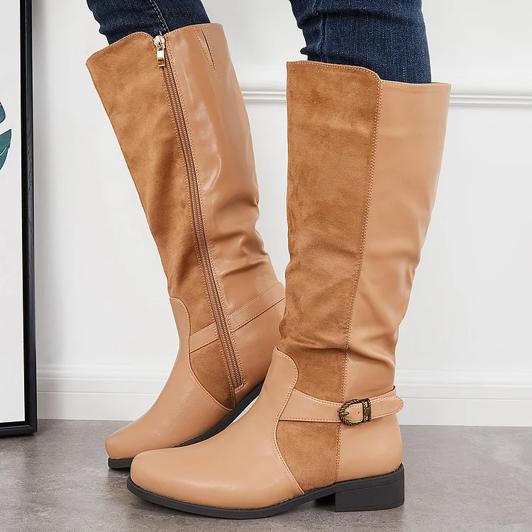 Splicing Knee High Riding Boots Round Toe Low Block Heel Tall Boots