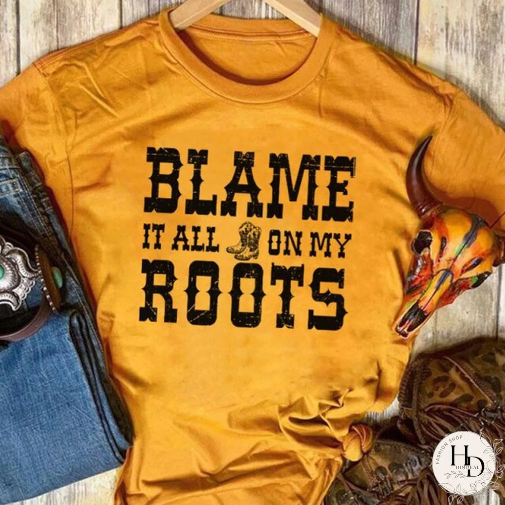 Blame Roots Letter Print Country Music Graphic Tees Women Vintage Western Cowgirl Shirt Short Sleeve Loose Cute T-Shirt Funny Tshirt Tops