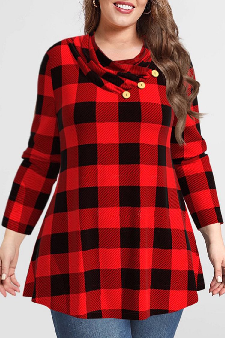 Flycurvy Plus Size Red Plaid Print Buttons Cowl Neck Blouse  flycurvy [product_label]
