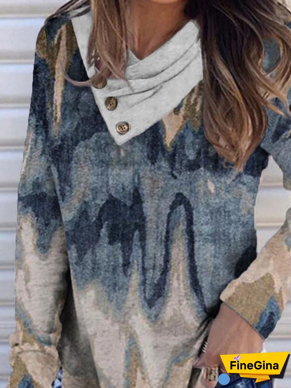 V Neck Button Decor Pattern Top