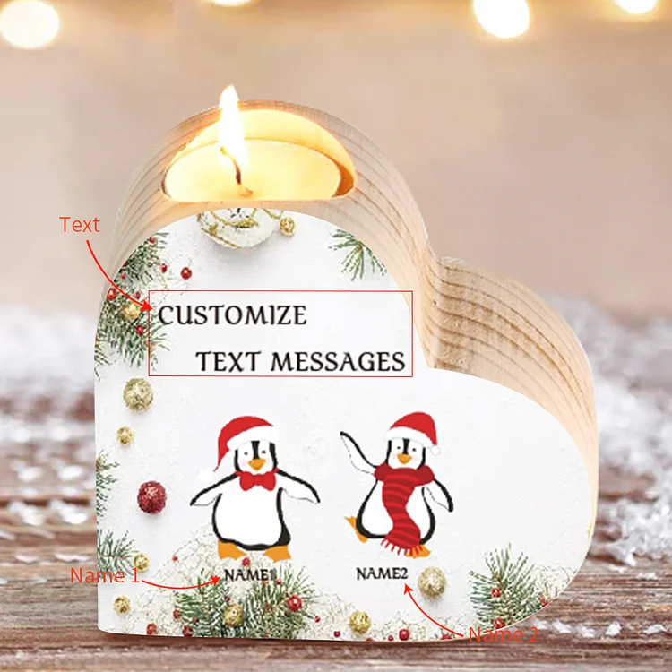 Personalisierte 2 Namen & Text Pingun Herzform Kerzenhalter- Familie Weihnachtsthema Kerzenhalter