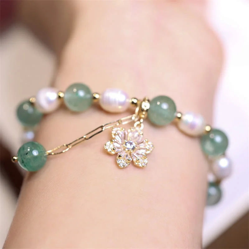 Green Strawberry Quartz Pearl Flower Charm Love Bracelet