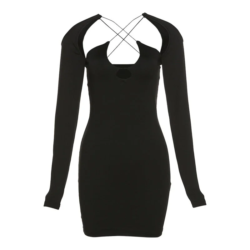 Yiallen Solid Sexy Midnight Style Mini Dress For Women Bandage Hollow Out Cleavage Long Sleeve Bodycon Female Clothing Hot