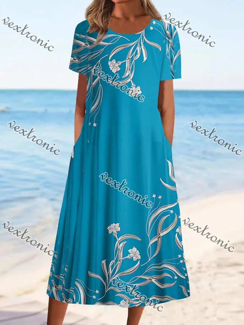 Women Short Sleeve Scoop Neck Floral Printed Midi Dress