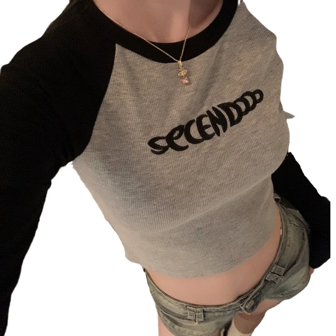 Brownm Brownm Embroidered Long-Sleeved T-Shirt Women's Fall 2024 New Slim Show Slim Design Sense Short Student Bottom Top