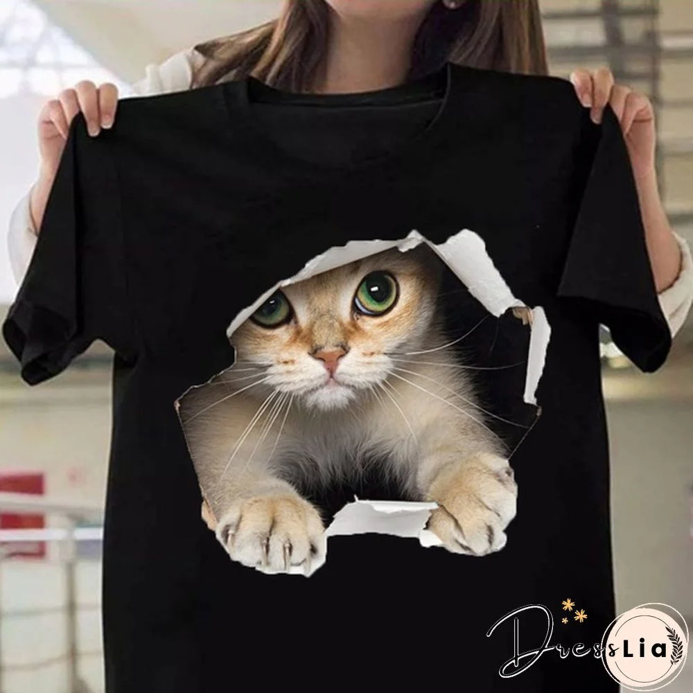 Cute Cat Print T-shirts For Women Summer Lovely Short Sleeve Casual Round Neck T-shirts Ladies Creative Personalized Tops