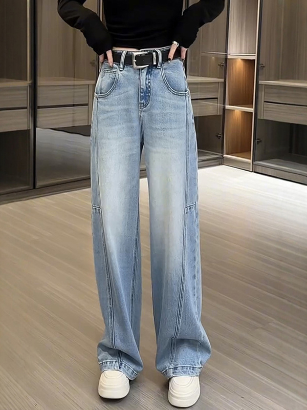 Wash High Waist Ruched Detail Wide Leg Jeans