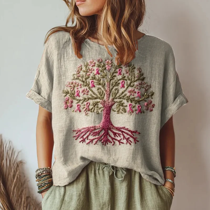 Women's Tree Of Life Pink Ribbon Embroidery Round Neck Half Sleeve T-shirt