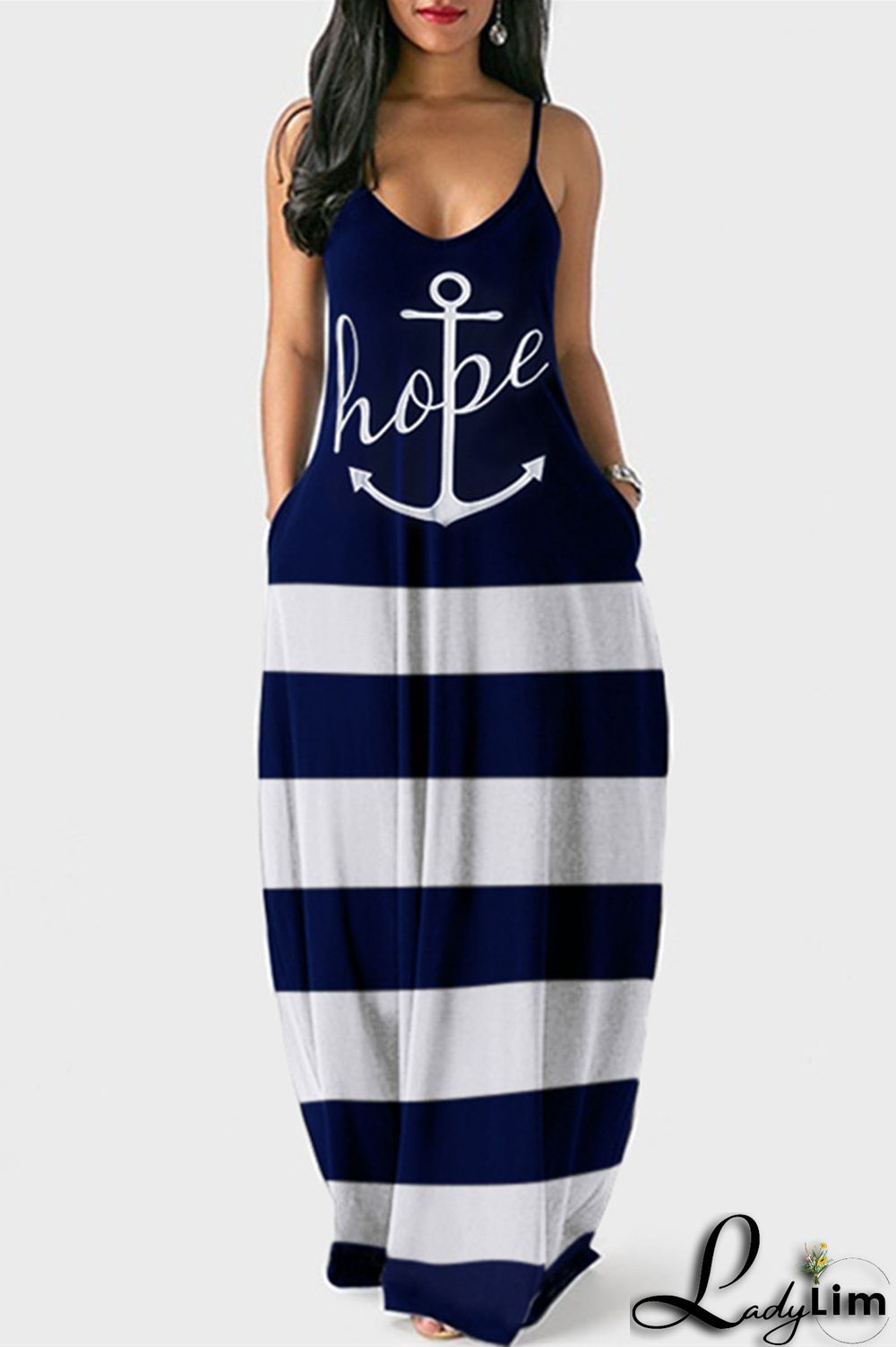 White Blue Fashion Sexy Print Backless Spaghetti Strap Long Dress