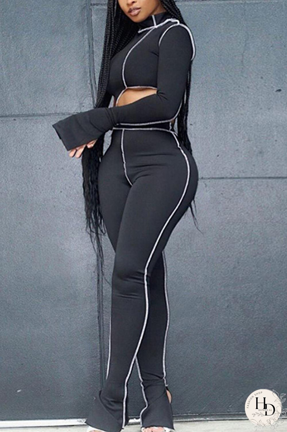 Black Fashion Casual Long Sleeve Turtleneck Single Sleeve Regular Patchwork Two Pieces