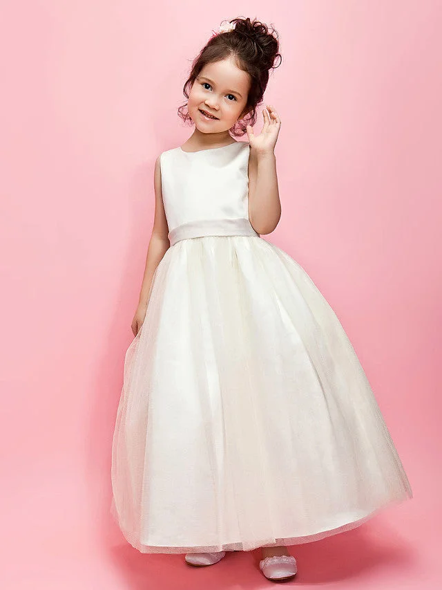 Daisda Sleeveless Jewel Neck Ball Gown A-Line Ankle Length  Flower Girl Dress Satin Tulle With Sash Ribbon Bow