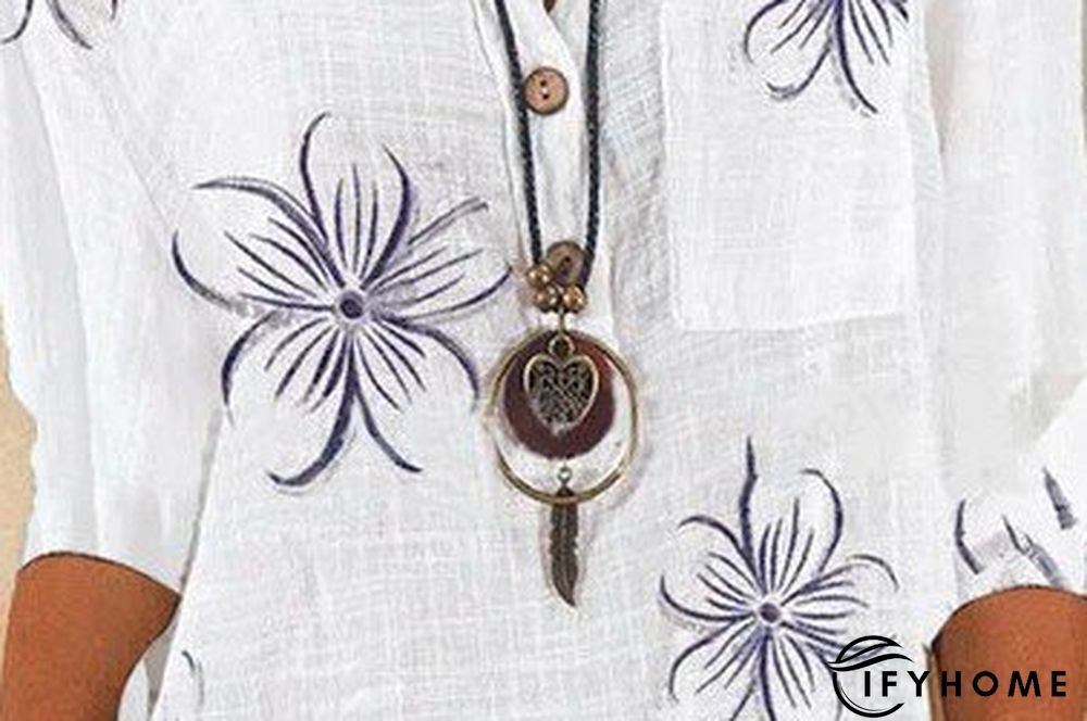 Floral-Print Cotton-Blend V Neck Casual Blouse | IFYHOME