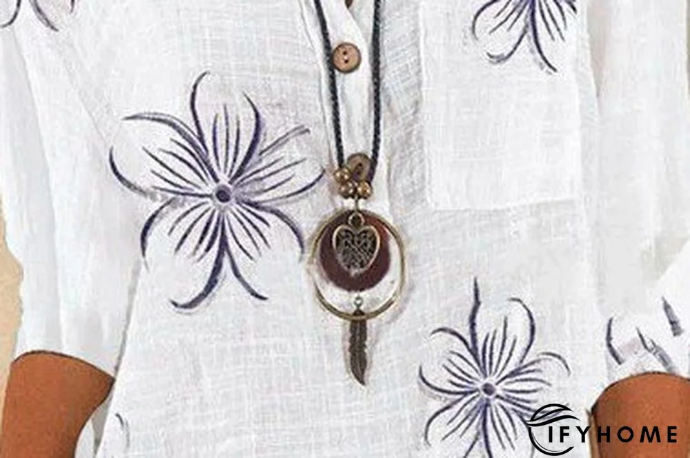 Floral-Print Cotton-Blend V Neck Casual Blouse | IFYHOME