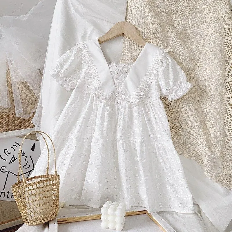 2-7T Toddler Kid Baby Girl Clothes Summer Short Sleeve White Lace Dress Elegant Ruffles Cotton Loose Sundress Cute Sweet Dress