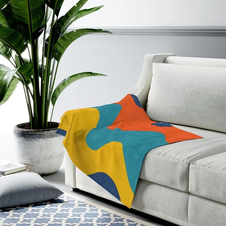 Modern Groovy Wave Orange, Blue and Yellow Soft Cozy Retro MCM Home Decor THIN Velveteen Plush Blanket