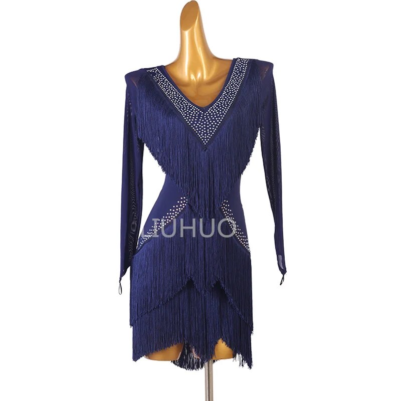 Latin Dress Race Dress Woman Professional Performance Competition Custom Navy Blue Fringe Skirt Slim-Fit Dance Dress Co