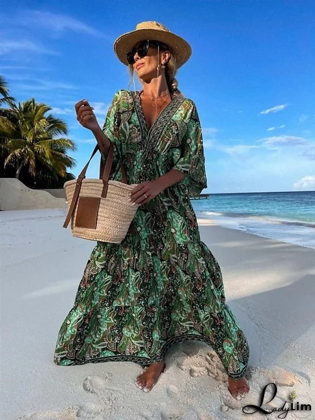 Long Dress Maxi Dress Sundress Boho Dress Print Dress Print Fashion Bohemian Holiday Vacation Going out Print Half Sleeve V Neck Dress Regular Fit Blue Purple Green Summer Spring S M L XL XXL for Women