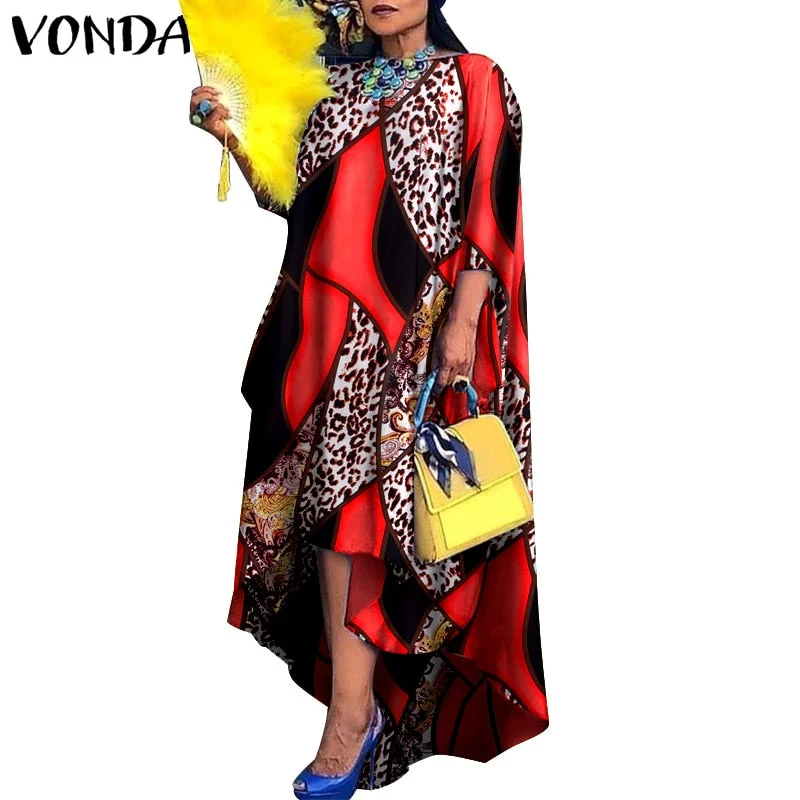 Women Dress 2022 VONDA Vintage Printed Asymmetric Party Long Maxi Dress Femme Robe Beach Sundress Casual Vestido Plus Size Robe