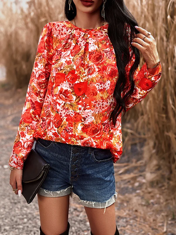 Long Sleeves Loose Flower Print Pleated Round-neck Shirts Tops