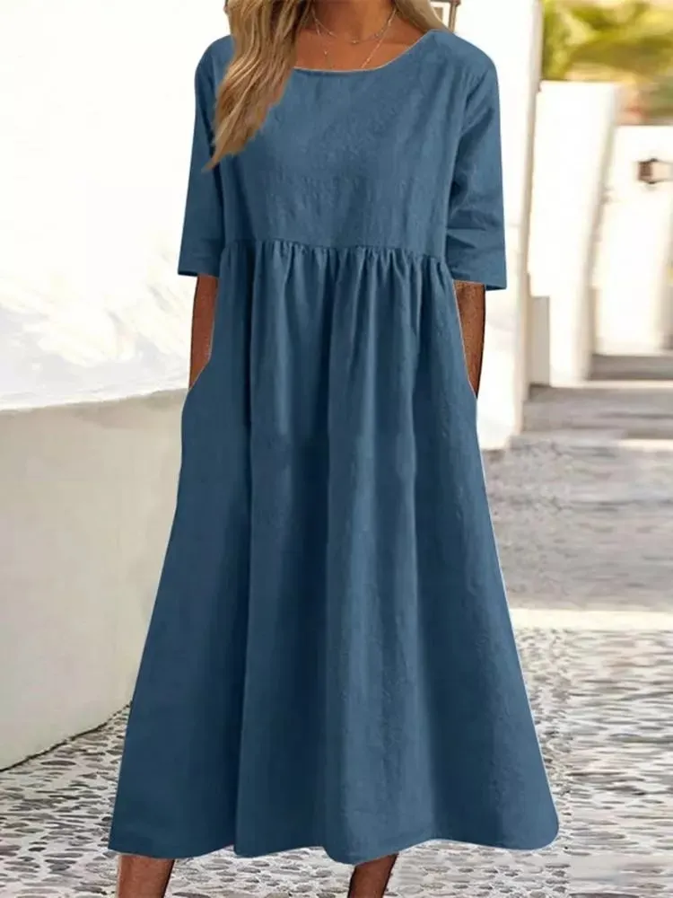 Brownm Brownm Cotton-Sleeved Short-Sleeved Pocket Folded Loose Round-Neck Dress In Summer 2025