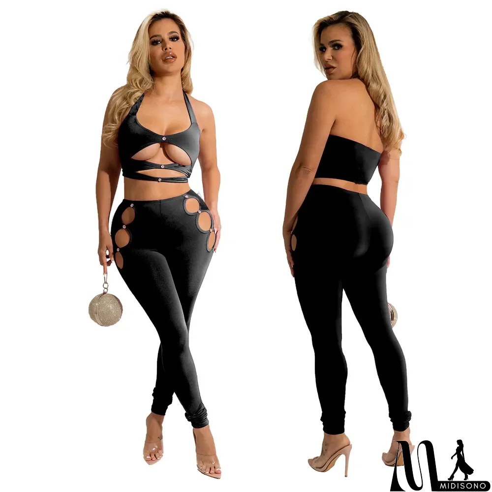 MidiSono - Solid Color Hollow Halter Top And Pants Two Piece Sets