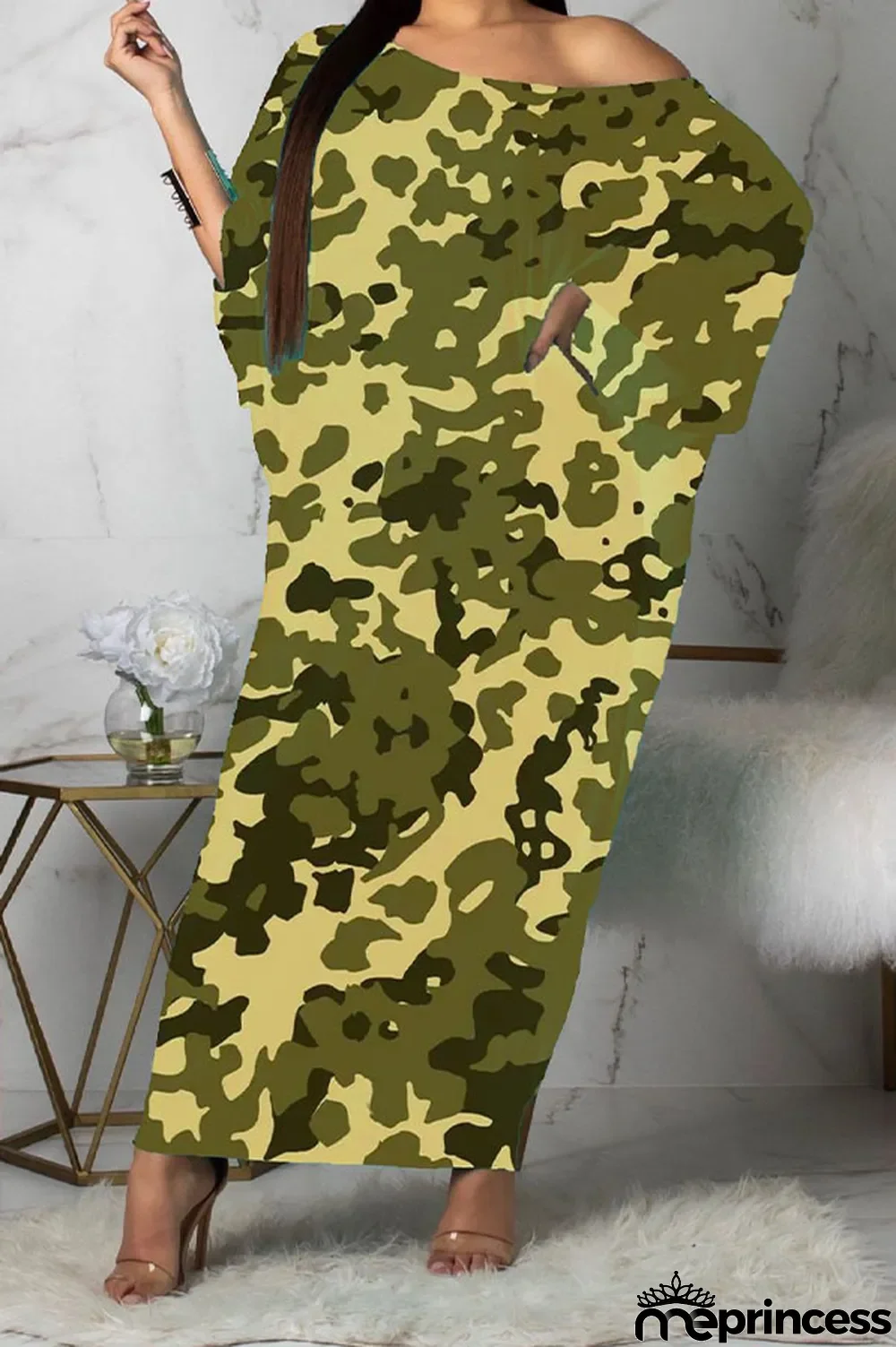 Green Casual One Shoulder Long Sleeves Step Skirt Ankle-Length camouflage Dresses