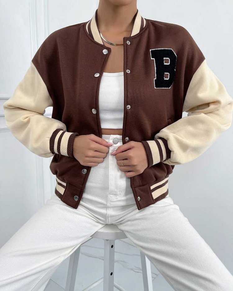 Acrylic Fashion Women's Jacket with Brown Patchwork Letters