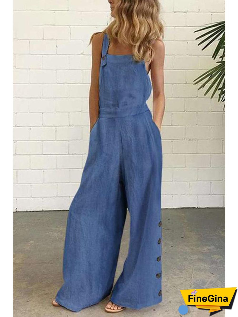 Modern Solid Color Sleeveless Side Pocket&Buckle Jumpsuit P13483