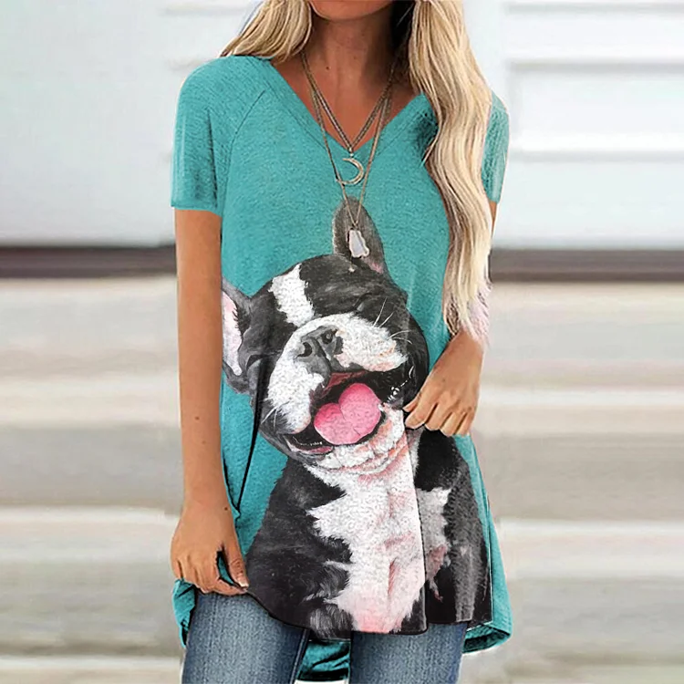 Casual V Neck Happy Dog Print Tunic